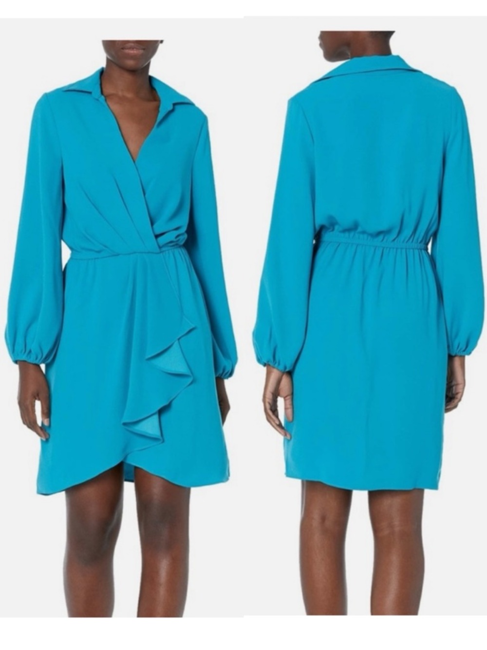 Trina Turk Revelry Faux Wrap Dress Long Sleeve 10 NWT Teal Collared Drape V Neck